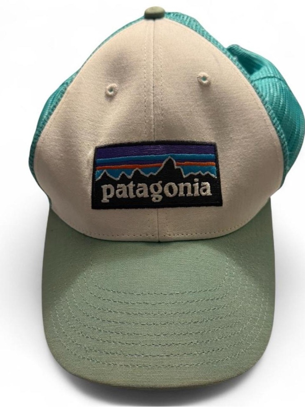 Patagonia Trucker Hat White Teal Logo Snapback